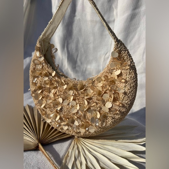 Viral Beige/Neutral Beaded Bag, Moon Shape Shoulder Bag, Handmade NWT Summer Bag - Picture 1 of 5